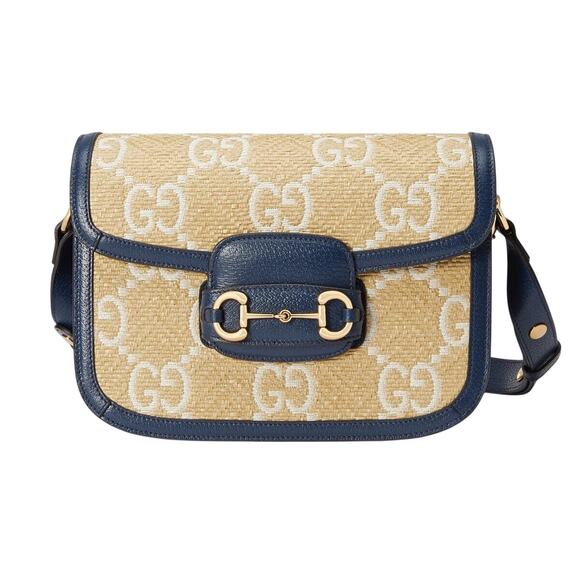 Gucci GG Raffia Calfskin Monogram Horsebit 1955 Mystic White Blue Agata NWT - Picture 4 of 11